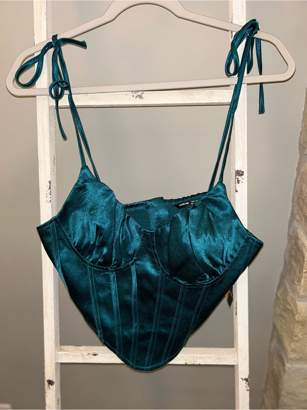 SHEIN Teal Satin Tie-Shoulder Corset Crop Top